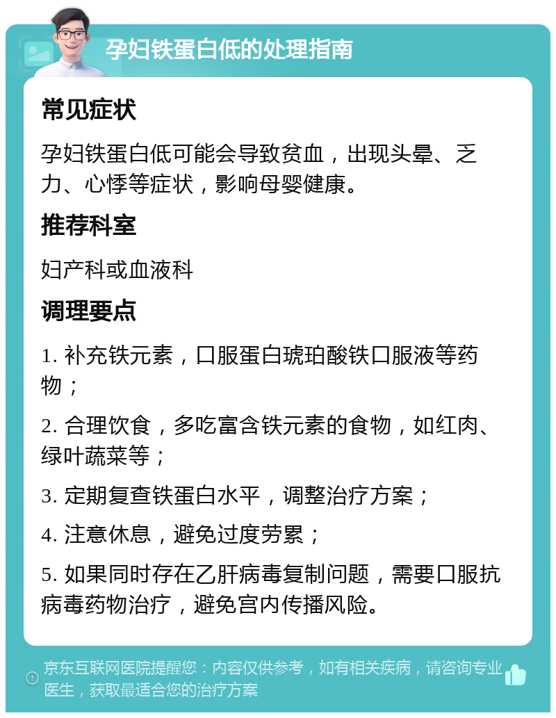 孕妇铁蛋白低的处理指南 常见症状 孕妇铁蛋白低可能会导致贫血，出现头晕、乏力、心悸等症状，影响母婴健康。 推荐科室 妇产科或血液科 调理要点 1. 补充铁元素，口服蛋白琥珀酸铁口服液等药物； 2. 合理饮食，多吃富含铁元素的食物，如红肉、绿叶蔬菜等； 3. 定期复查铁蛋白水平，调整治疗方案； 4. 注意休息，避免过度劳累； 5. 如果同时存在乙肝病毒复制问题，需要口服抗病毒药物治疗，避免宫内传播风险。