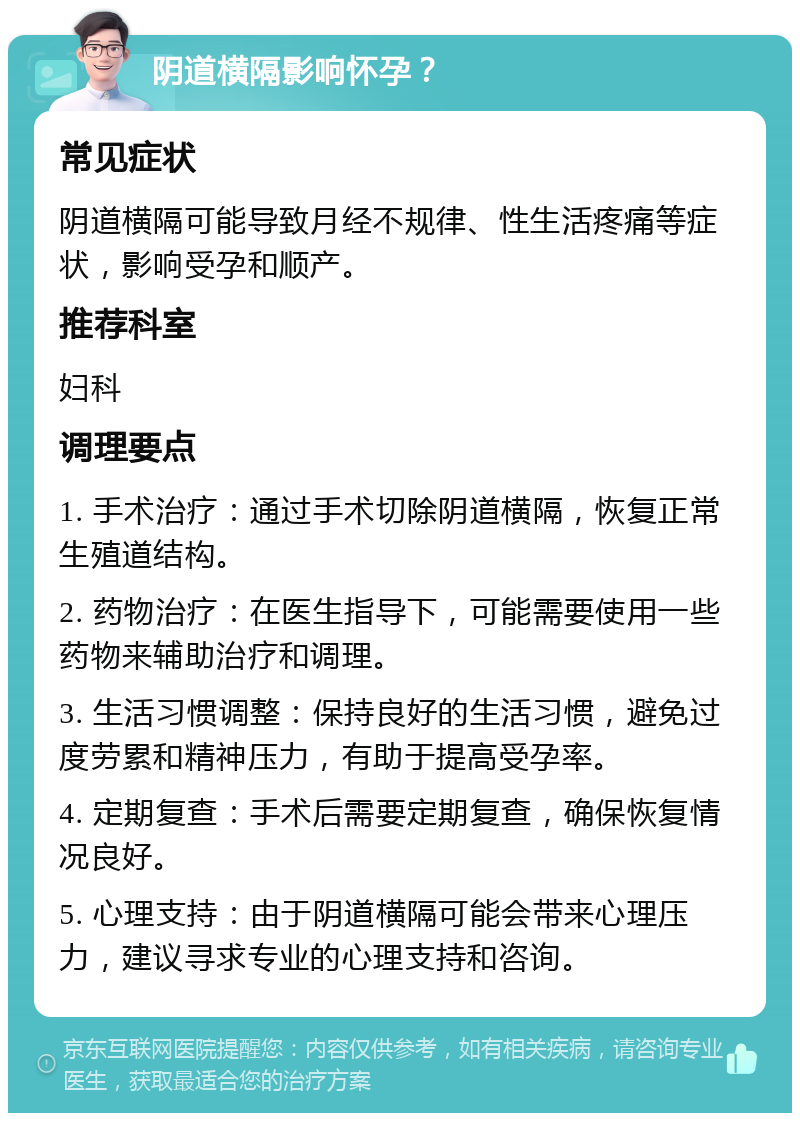 阴道横隔影响怀孕？ 常见症状 阴道横隔可能导致月经不规律、性生活疼痛等症状，影响受孕和顺产。 推荐科室 妇科 调理要点 1. 手术治疗：通过手术切除阴道横隔，恢复正常生殖道结构。 2. 药物治疗：在医生指导下，可能需要使用一些药物来辅助治疗和调理。 3. 生活习惯调整：保持良好的生活习惯，避免过度劳累和精神压力，有助于提高受孕率。 4. 定期复查：手术后需要定期复查，确保恢复情况良好。 5. 心理支持：由于阴道横隔可能会带来心理压力，建议寻求专业的心理支持和咨询。