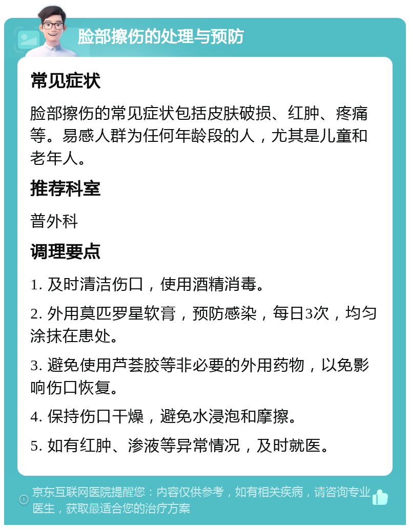 脸部擦伤的处理与预防 常见症状 脸部擦伤的常见症状包括皮肤破损、红肿、疼痛等。易感人群为任何年龄段的人，尤其是儿童和老年人。 推荐科室 普外科 调理要点 1. 及时清洁伤口，使用酒精消毒。 2. 外用莫匹罗星软膏，预防感染，每日3次，均匀涂抹在患处。 3. 避免使用芦荟胶等非必要的外用药物，以免影响伤口恢复。 4. 保持伤口干燥，避免水浸泡和摩擦。 5. 如有红肿、渗液等异常情况，及时就医。