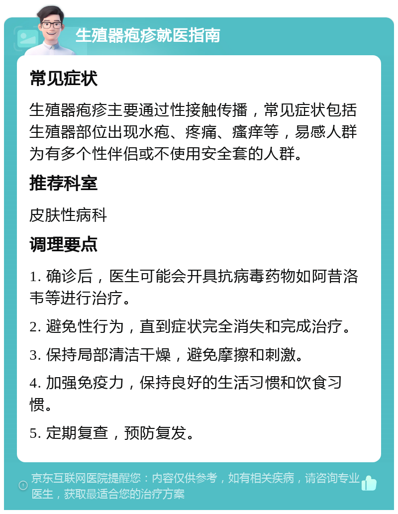 生殖器疱疹就医指南 常见症状 生殖器疱疹主要通过性接触传播，常见症状包括生殖器部位出现水疱、疼痛、瘙痒等，易感人群为有多个性伴侣或不使用安全套的人群。 推荐科室 皮肤性病科 调理要点 1. 确诊后，医生可能会开具抗病毒药物如阿昔洛韦等进行治疗。 2. 避免性行为，直到症状完全消失和完成治疗。 3. 保持局部清洁干燥，避免摩擦和刺激。 4. 加强免疫力，保持良好的生活习惯和饮食习惯。 5. 定期复查，预防复发。