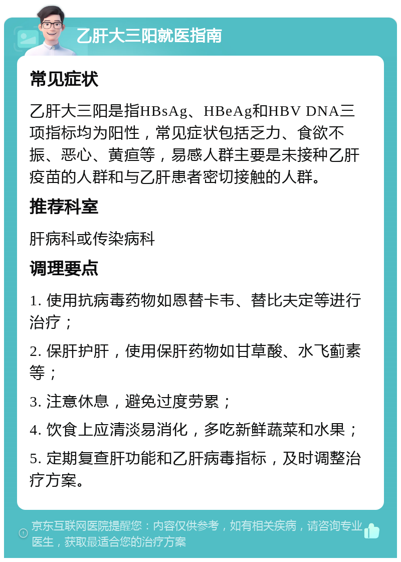 乙肝大三阳就医指南 常见症状 乙肝大三阳是指HBsAg、HBeAg和HBV DNA三项指标均为阳性，常见症状包括乏力、食欲不振、恶心、黄疸等，易感人群主要是未接种乙肝疫苗的人群和与乙肝患者密切接触的人群。 推荐科室 肝病科或传染病科 调理要点 1. 使用抗病毒药物如恩替卡韦、替比夫定等进行治疗； 2. 保肝护肝，使用保肝药物如甘草酸、水飞蓟素等； 3. 注意休息，避免过度劳累； 4. 饮食上应清淡易消化，多吃新鲜蔬菜和水果； 5. 定期复查肝功能和乙肝病毒指标，及时调整治疗方案。