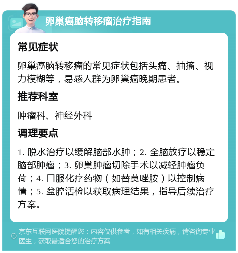 卵巢癌脑转移瘤治疗指南 常见症状 卵巢癌脑转移瘤的常见症状包括头痛、抽搐、视力模糊等，易感人群为卵巢癌晚期患者。 推荐科室 肿瘤科、神经外科 调理要点 1. 脱水治疗以缓解脑部水肿；2. 全脑放疗以稳定脑部肿瘤；3. 卵巢肿瘤切除手术以减轻肿瘤负荷；4. 口服化疗药物（如替莫唑胺）以控制病情；5. 盆腔活检以获取病理结果，指导后续治疗方案。