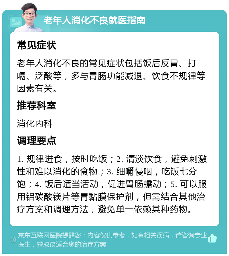 老年人消化不良就医指南 常见症状 老年人消化不良的常见症状包括饭后反胃、打嗝、泛酸等，多与胃肠功能减退、饮食不规律等因素有关。 推荐科室 消化内科 调理要点 1. 规律进食，按时吃饭；2. 清淡饮食，避免刺激性和难以消化的食物；3. 细嚼慢咽，吃饭七分饱；4. 饭后适当活动，促进胃肠蠕动；5. 可以服用铝碳酸镁片等胃黏膜保护剂，但需结合其他治疗方案和调理方法，避免单一依赖某种药物。