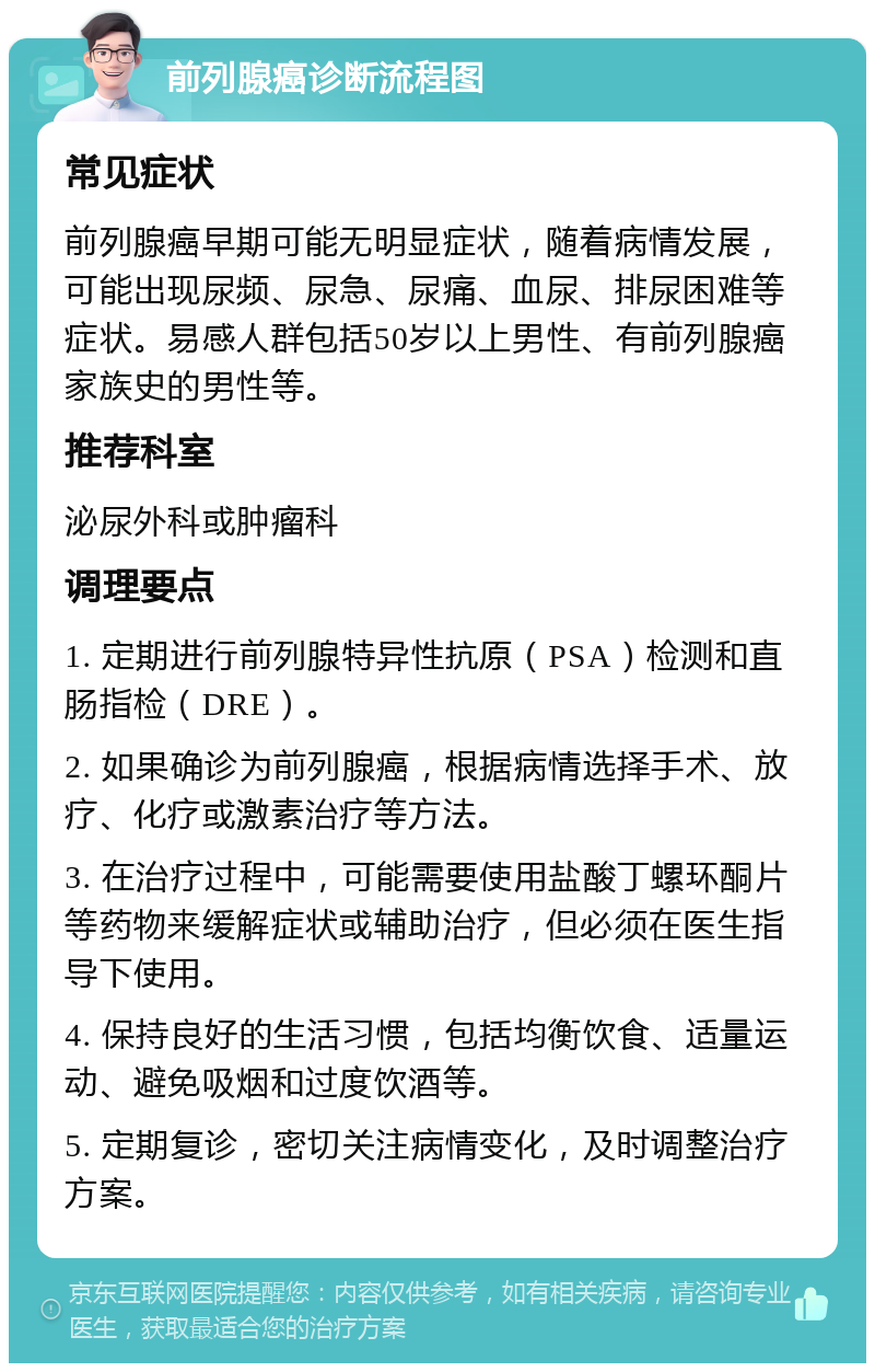 前列腺癌诊断流程图 常见症状 前列腺癌早期可能无明显症状，随着病情发展，可能出现尿频、尿急、尿痛、血尿、排尿困难等症状。易感人群包括50岁以上男性、有前列腺癌家族史的男性等。 推荐科室 泌尿外科或肿瘤科 调理要点 1. 定期进行前列腺特异性抗原（PSA）检测和直肠指检（DRE）。 2. 如果确诊为前列腺癌，根据病情选择手术、放疗、化疗或激素治疗等方法。 3. 在治疗过程中，可能需要使用盐酸丁螺环酮片等药物来缓解症状或辅助治疗，但必须在医生指导下使用。 4. 保持良好的生活习惯，包括均衡饮食、适量运动、避免吸烟和过度饮酒等。 5. 定期复诊，密切关注病情变化，及时调整治疗方案。