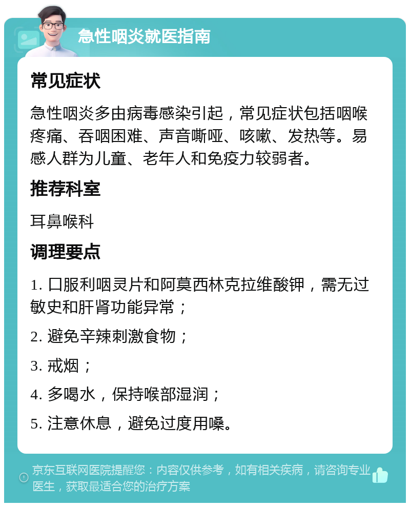 急性咽炎就医指南 常见症状 急性咽炎多由病毒感染引起，常见症状包括咽喉疼痛、吞咽困难、声音嘶哑、咳嗽、发热等。易感人群为儿童、老年人和免疫力较弱者。 推荐科室 耳鼻喉科 调理要点 1. 口服利咽灵片和阿莫西林克拉维酸钾，需无过敏史和肝肾功能异常； 2. 避免辛辣刺激食物； 3. 戒烟； 4. 多喝水，保持喉部湿润； 5. 注意休息，避免过度用嗓。