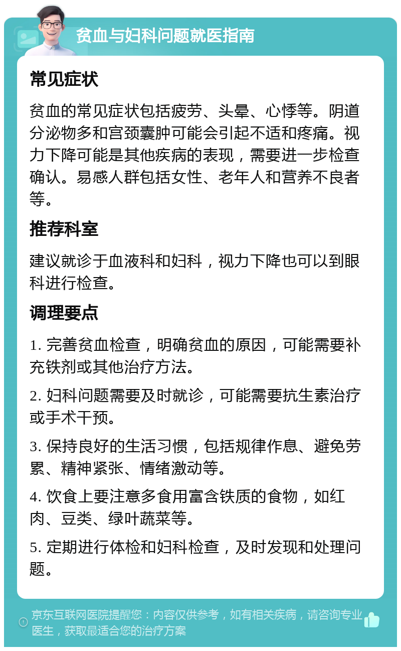 贫血与妇科问题就医指南 常见症状 贫血的常见症状包括疲劳、头晕、心悸等。阴道分泌物多和宫颈囊肿可能会引起不适和疼痛。视力下降可能是其他疾病的表现，需要进一步检查确认。易感人群包括女性、老年人和营养不良者等。 推荐科室 建议就诊于血液科和妇科，视力下降也可以到眼科进行检查。 调理要点 1. 完善贫血检查，明确贫血的原因，可能需要补充铁剂或其他治疗方法。 2. 妇科问题需要及时就诊，可能需要抗生素治疗或手术干预。 3. 保持良好的生活习惯，包括规律作息、避免劳累、精神紧张、情绪激动等。 4. 饮食上要注意多食用富含铁质的食物，如红肉、豆类、绿叶蔬菜等。 5. 定期进行体检和妇科检查，及时发现和处理问题。