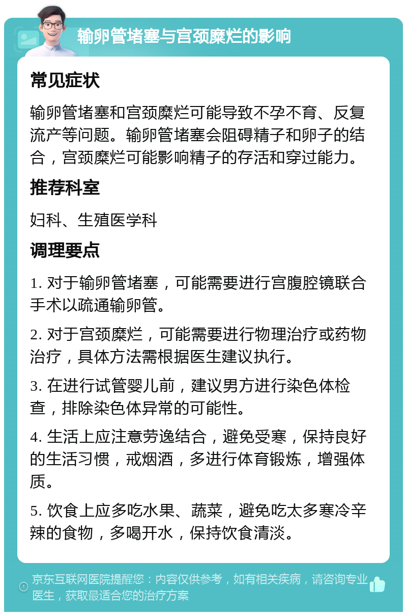 输卵管堵塞与宫颈糜烂的影响 常见症状 输卵管堵塞和宫颈糜烂可能导致不孕不育、反复流产等问题。输卵管堵塞会阻碍精子和卵子的结合，宫颈糜烂可能影响精子的存活和穿过能力。 推荐科室 妇科、生殖医学科 调理要点 1. 对于输卵管堵塞，可能需要进行宫腹腔镜联合手术以疏通输卵管。 2. 对于宫颈糜烂，可能需要进行物理治疗或药物治疗，具体方法需根据医生建议执行。 3. 在进行试管婴儿前，建议男方进行染色体检查，排除染色体异常的可能性。 4. 生活上应注意劳逸结合，避免受寒，保持良好的生活习惯，戒烟酒，多进行体育锻炼，增强体质。 5. 饮食上应多吃水果、蔬菜，避免吃太多寒冷辛辣的食物，多喝开水，保持饮食清淡。