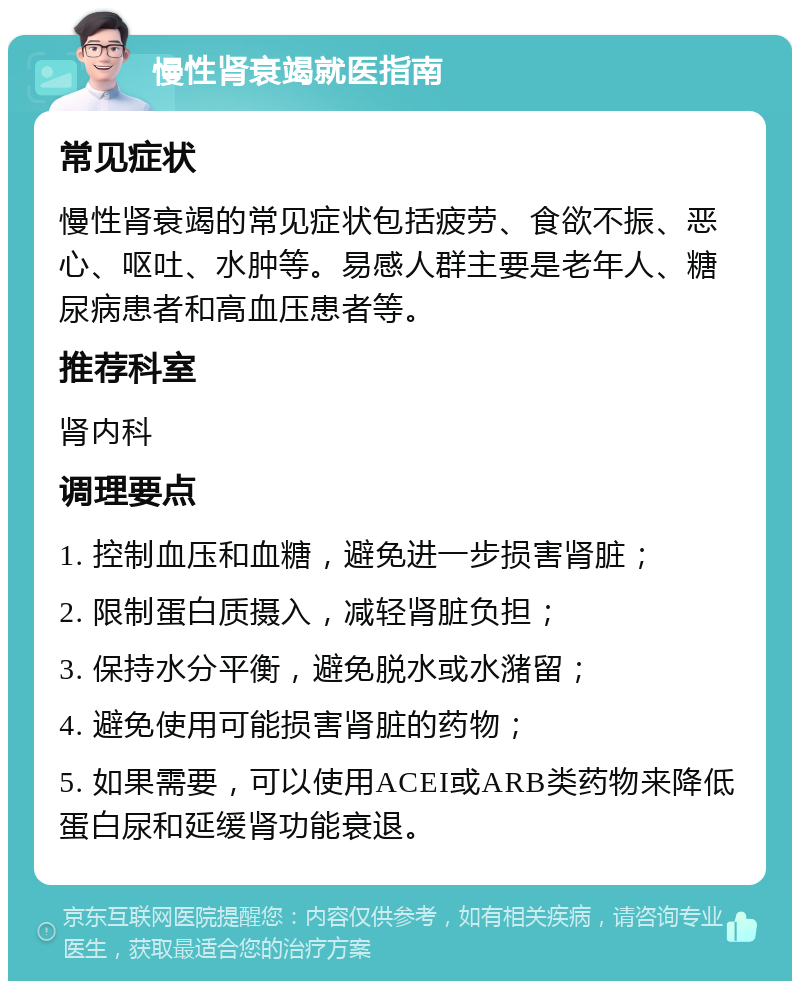 慢性肾衰竭就医指南 常见症状 慢性肾衰竭的常见症状包括疲劳、食欲不振、恶心、呕吐、水肿等。易感人群主要是老年人、糖尿病患者和高血压患者等。 推荐科室 肾内科 调理要点 1. 控制血压和血糖，避免进一步损害肾脏； 2. 限制蛋白质摄入，减轻肾脏负担； 3. 保持水分平衡，避免脱水或水潴留； 4. 避免使用可能损害肾脏的药物； 5. 如果需要，可以使用ACEI或ARB类药物来降低蛋白尿和延缓肾功能衰退。