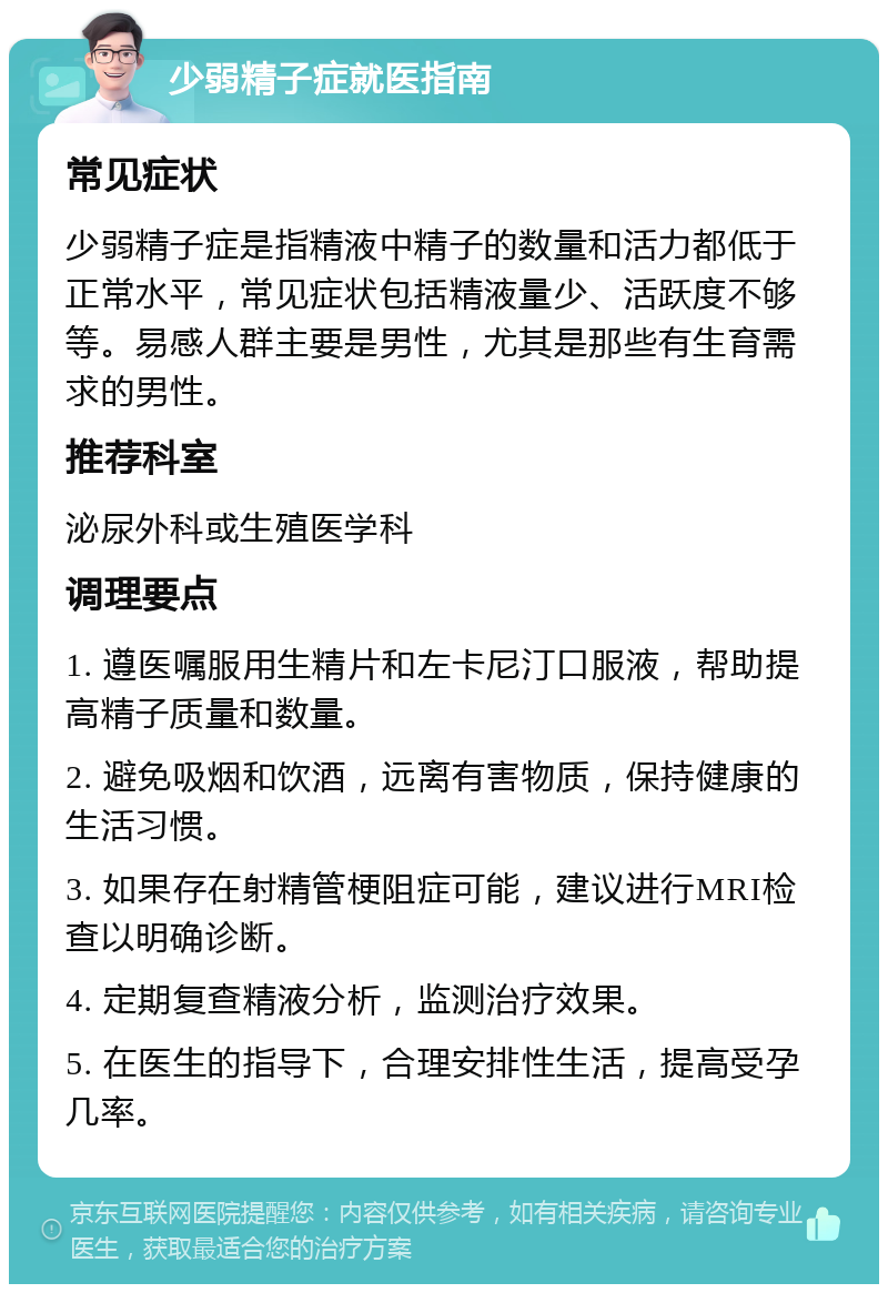 少弱精子症就医指南 常见症状 少弱精子症是指精液中精子的数量和活力都低于正常水平，常见症状包括精液量少、活跃度不够等。易感人群主要是男性，尤其是那些有生育需求的男性。 推荐科室 泌尿外科或生殖医学科 调理要点 1. 遵医嘱服用生精片和左卡尼汀口服液，帮助提高精子质量和数量。 2. 避免吸烟和饮酒，远离有害物质，保持健康的生活习惯。 3. 如果存在射精管梗阻症可能，建议进行MRI检查以明确诊断。 4. 定期复查精液分析，监测治疗效果。 5. 在医生的指导下，合理安排性生活，提高受孕几率。