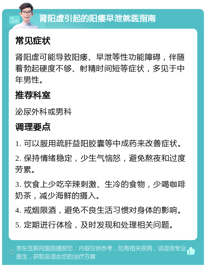 肾阳虚引起的阳痿早泄就医指南 常见症状 肾阳虚可能导致阳痿、早泄等性功能障碍，伴随着勃起硬度不够、射精时间短等症状，多见于中年男性。 推荐科室 泌尿外科或男科 调理要点 1. 可以服用疏肝益阳胶囊等中成药来改善症状。 2. 保持情绪稳定，少生气恼怒，避免熬夜和过度劳累。 3. 饮食上少吃辛辣刺激、生冷的食物，少喝咖啡奶茶，减少海鲜的摄入。 4. 戒烟限酒，避免不良生活习惯对身体的影响。 5. 定期进行体检，及时发现和处理相关问题。