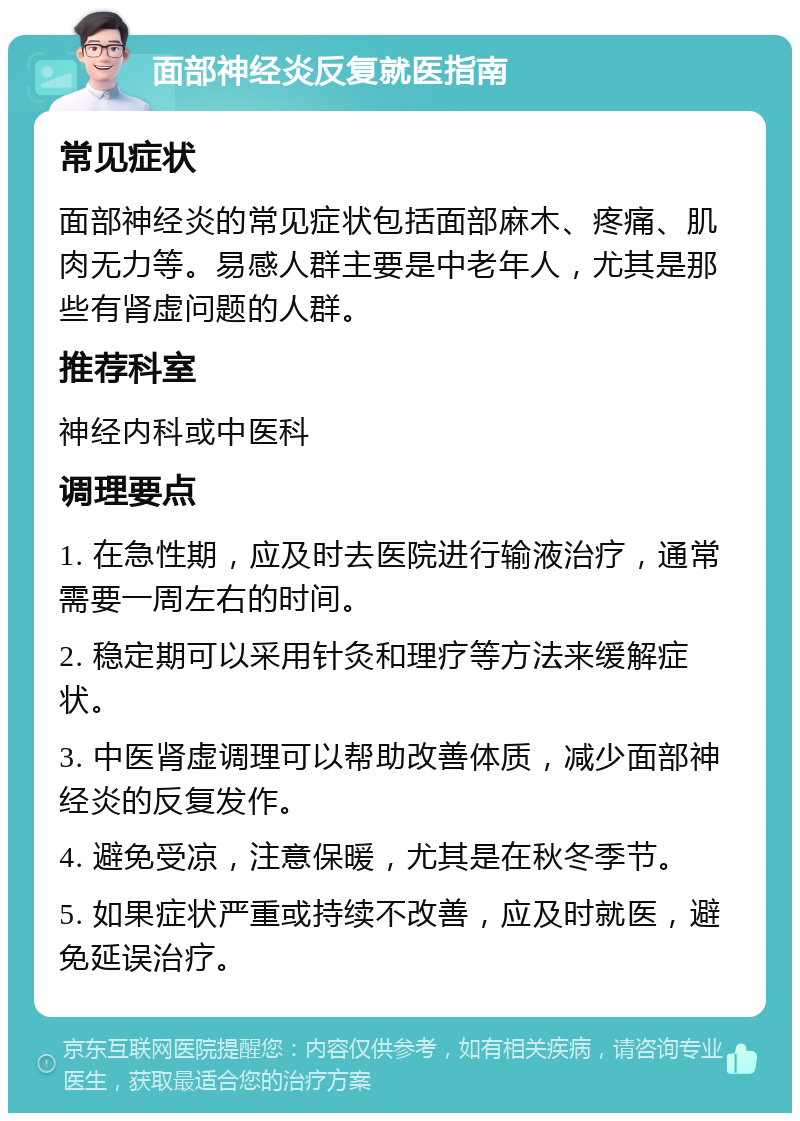 面部神经炎反复就医指南 常见症状 面部神经炎的常见症状包括面部麻木、疼痛、肌肉无力等。易感人群主要是中老年人，尤其是那些有肾虚问题的人群。 推荐科室 神经内科或中医科 调理要点 1. 在急性期，应及时去医院进行输液治疗，通常需要一周左右的时间。 2. 稳定期可以采用针灸和理疗等方法来缓解症状。 3. 中医肾虚调理可以帮助改善体质，减少面部神经炎的反复发作。 4. 避免受凉，注意保暖，尤其是在秋冬季节。 5. 如果症状严重或持续不改善，应及时就医，避免延误治疗。