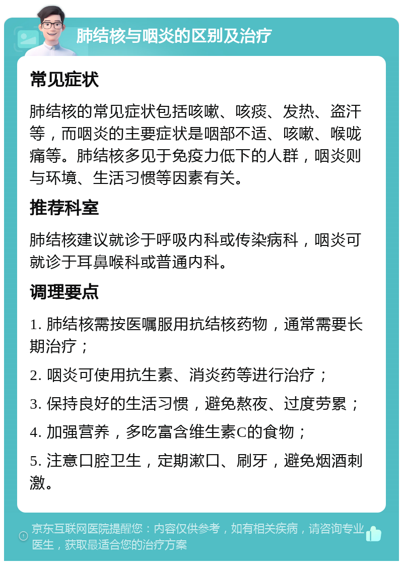 肺结核与咽炎的区别及治疗 常见症状 肺结核的常见症状包括咳嗽、咳痰、发热、盗汗等，而咽炎的主要症状是咽部不适、咳嗽、喉咙痛等。肺结核多见于免疫力低下的人群，咽炎则与环境、生活习惯等因素有关。 推荐科室 肺结核建议就诊于呼吸内科或传染病科，咽炎可就诊于耳鼻喉科或普通内科。 调理要点 1. 肺结核需按医嘱服用抗结核药物，通常需要长期治疗； 2. 咽炎可使用抗生素、消炎药等进行治疗； 3. 保持良好的生活习惯，避免熬夜、过度劳累； 4. 加强营养，多吃富含维生素C的食物； 5. 注意口腔卫生，定期漱口、刷牙，避免烟酒刺激。