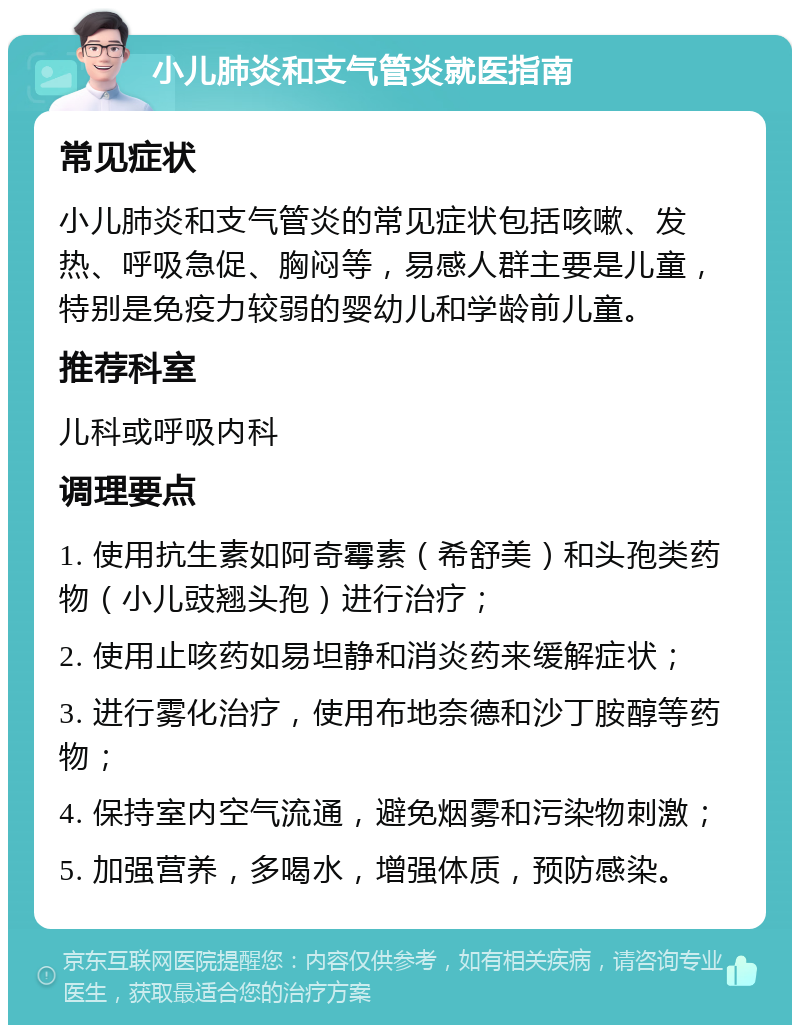 小儿肺炎和支气管炎就医指南 常见症状 小儿肺炎和支气管炎的常见症状包括咳嗽、发热、呼吸急促、胸闷等，易感人群主要是儿童，特别是免疫力较弱的婴幼儿和学龄前儿童。 推荐科室 儿科或呼吸内科 调理要点 1. 使用抗生素如阿奇霉素（希舒美）和头孢类药物（小儿豉翘头孢）进行治疗； 2. 使用止咳药如易坦静和消炎药来缓解症状； 3. 进行雾化治疗，使用布地奈德和沙丁胺醇等药物； 4. 保持室内空气流通，避免烟雾和污染物刺激； 5. 加强营养，多喝水，增强体质，预防感染。