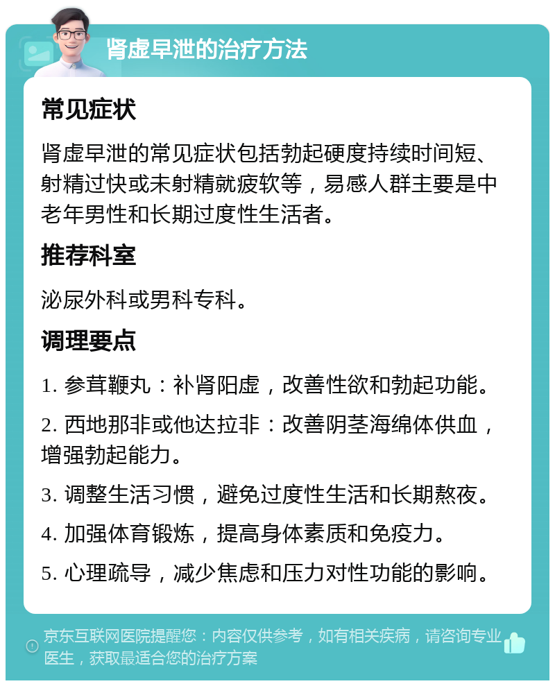 肾虚早泄的治疗方法 常见症状 肾虚早泄的常见症状包括勃起硬度持续时间短、射精过快或未射精就疲软等，易感人群主要是中老年男性和长期过度性生活者。 推荐科室 泌尿外科或男科专科。 调理要点 1. 参茸鞭丸：补肾阳虚，改善性欲和勃起功能。 2. 西地那非或他达拉非：改善阴茎海绵体供血，增强勃起能力。 3. 调整生活习惯，避免过度性生活和长期熬夜。 4. 加强体育锻炼，提高身体素质和免疫力。 5. 心理疏导，减少焦虑和压力对性功能的影响。