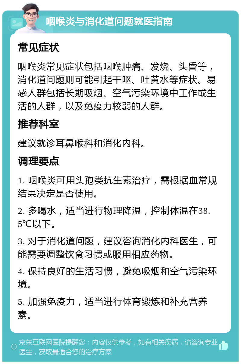 咽喉炎与消化道问题就医指南 常见症状 咽喉炎常见症状包括咽喉肿痛、发烧、头昏等，消化道问题则可能引起干呕、吐黄水等症状。易感人群包括长期吸烟、空气污染环境中工作或生活的人群，以及免疫力较弱的人群。 推荐科室 建议就诊耳鼻喉科和消化内科。 调理要点 1. 咽喉炎可用头孢类抗生素治疗，需根据血常规结果决定是否使用。 2. 多喝水，适当进行物理降温，控制体温在38.5℃以下。 3. 对于消化道问题，建议咨询消化内科医生，可能需要调整饮食习惯或服用相应药物。 4. 保持良好的生活习惯，避免吸烟和空气污染环境。 5. 加强免疫力，适当进行体育锻炼和补充营养素。