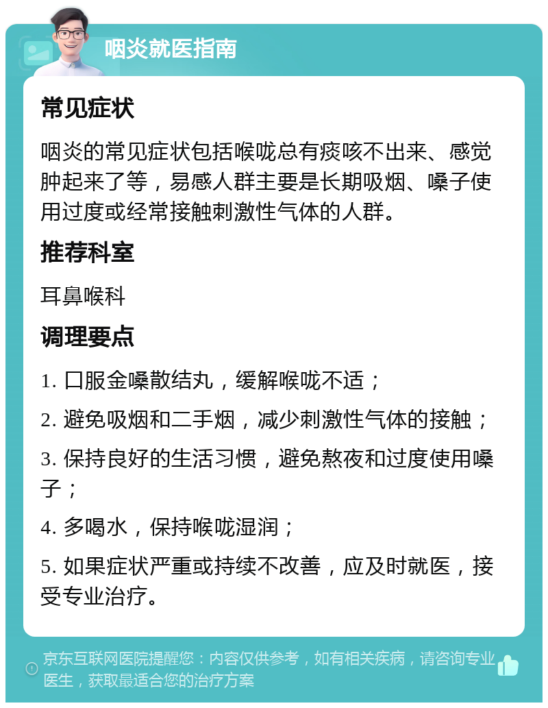 咽炎就医指南 常见症状 咽炎的常见症状包括喉咙总有痰咳不出来、感觉肿起来了等，易感人群主要是长期吸烟、嗓子使用过度或经常接触刺激性气体的人群。 推荐科室 耳鼻喉科 调理要点 1. 口服金嗓散结丸，缓解喉咙不适； 2. 避免吸烟和二手烟，减少刺激性气体的接触； 3. 保持良好的生活习惯，避免熬夜和过度使用嗓子； 4. 多喝水，保持喉咙湿润； 5. 如果症状严重或持续不改善，应及时就医，接受专业治疗。