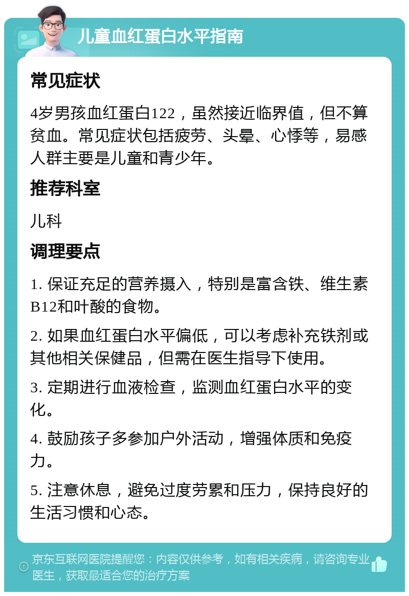 儿童血红蛋白水平指南 常见症状 4岁男孩血红蛋白122，虽然接近临界值，但不算贫血。常见症状包括疲劳、头晕、心悸等，易感人群主要是儿童和青少年。 推荐科室 儿科 调理要点 1. 保证充足的营养摄入，特别是富含铁、维生素B12和叶酸的食物。 2. 如果血红蛋白水平偏低，可以考虑补充铁剂或其他相关保健品，但需在医生指导下使用。 3. 定期进行血液检查，监测血红蛋白水平的变化。 4. 鼓励孩子多参加户外活动，增强体质和免疫力。 5. 注意休息，避免过度劳累和压力，保持良好的生活习惯和心态。