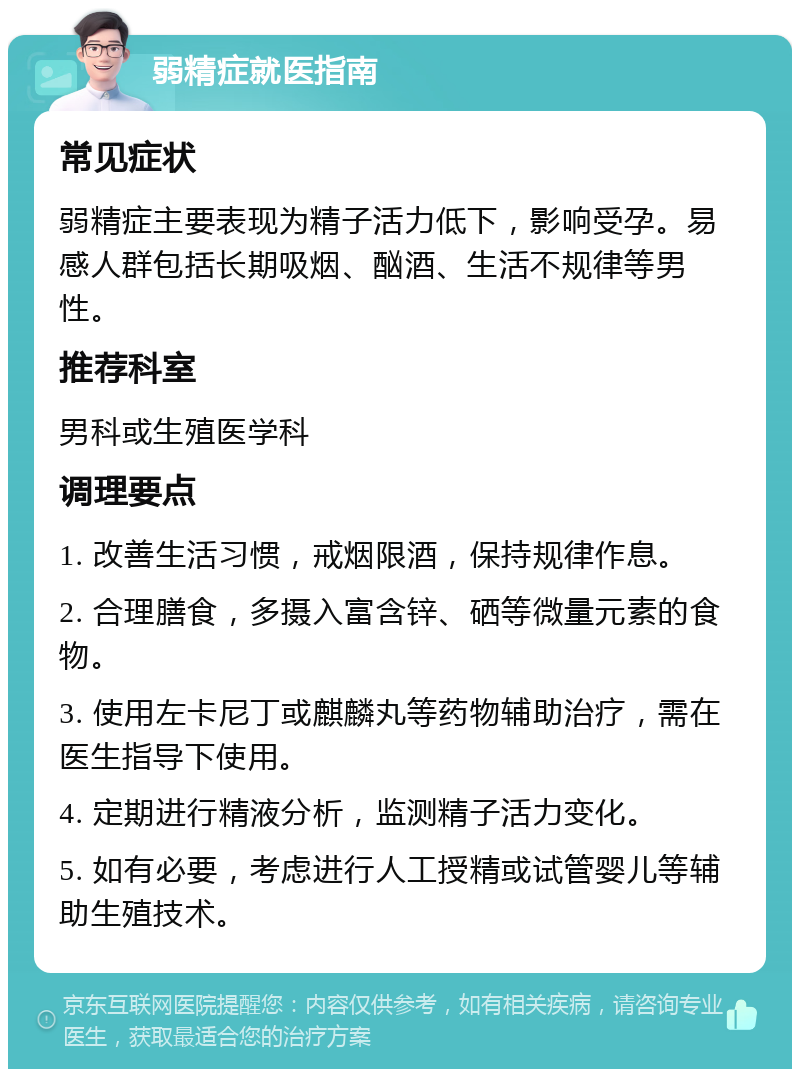 弱精症就医指南 常见症状 弱精症主要表现为精子活力低下，影响受孕。易感人群包括长期吸烟、酗酒、生活不规律等男性。 推荐科室 男科或生殖医学科 调理要点 1. 改善生活习惯，戒烟限酒，保持规律作息。 2. 合理膳食，多摄入富含锌、硒等微量元素的食物。 3. 使用左卡尼丁或麒麟丸等药物辅助治疗，需在医生指导下使用。 4. 定期进行精液分析，监测精子活力变化。 5. 如有必要，考虑进行人工授精或试管婴儿等辅助生殖技术。