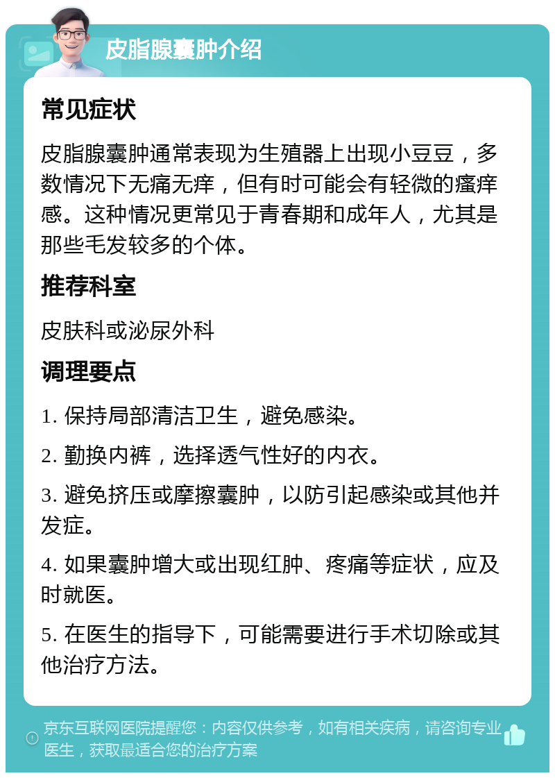 皮脂腺囊肿介绍 常见症状 皮脂腺囊肿通常表现为生殖器上出现小豆豆，多数情况下无痛无痒，但有时可能会有轻微的瘙痒感。这种情况更常见于青春期和成年人，尤其是那些毛发较多的个体。 推荐科室 皮肤科或泌尿外科 调理要点 1. 保持局部清洁卫生，避免感染。 2. 勤换内裤，选择透气性好的内衣。 3. 避免挤压或摩擦囊肿，以防引起感染或其他并发症。 4. 如果囊肿增大或出现红肿、疼痛等症状，应及时就医。 5. 在医生的指导下，可能需要进行手术切除或其他治疗方法。