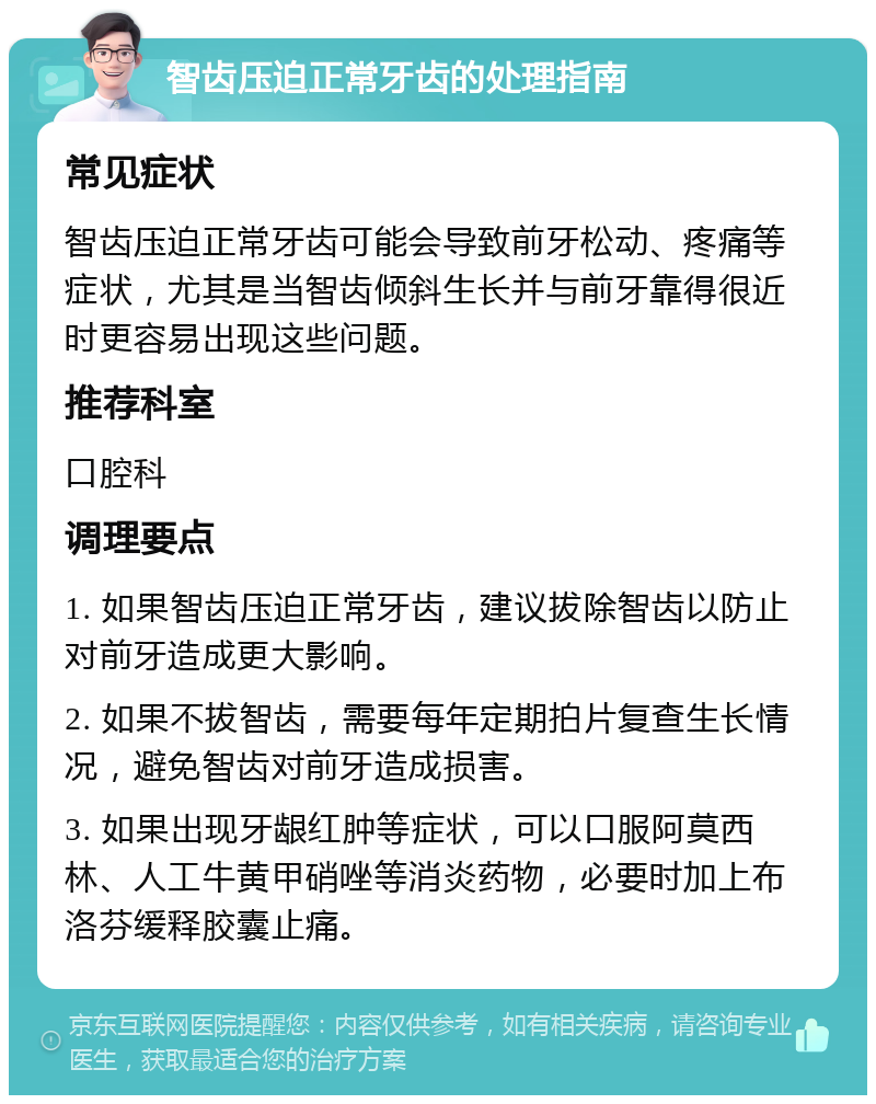 智齿压迫正常牙齿的处理指南 常见症状 智齿压迫正常牙齿可能会导致前牙松动、疼痛等症状，尤其是当智齿倾斜生长并与前牙靠得很近时更容易出现这些问题。 推荐科室 口腔科 调理要点 1. 如果智齿压迫正常牙齿，建议拔除智齿以防止对前牙造成更大影响。 2. 如果不拔智齿，需要每年定期拍片复查生长情况，避免智齿对前牙造成损害。 3. 如果出现牙龈红肿等症状，可以口服阿莫西林、人工牛黄甲硝唑等消炎药物，必要时加上布洛芬缓释胶囊止痛。