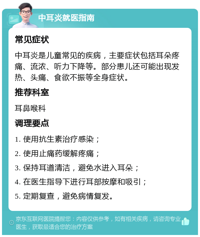 中耳炎就医指南 常见症状 中耳炎是儿童常见的疾病，主要症状包括耳朵疼痛、流浓、听力下降等。部分患儿还可能出现发热、头痛、食欲不振等全身症状。 推荐科室 耳鼻喉科 调理要点 1. 使用抗生素治疗感染； 2. 使用止痛药缓解疼痛； 3. 保持耳道清洁，避免水进入耳朵； 4. 在医生指导下进行耳部按摩和吸引； 5. 定期复查，避免病情复发。