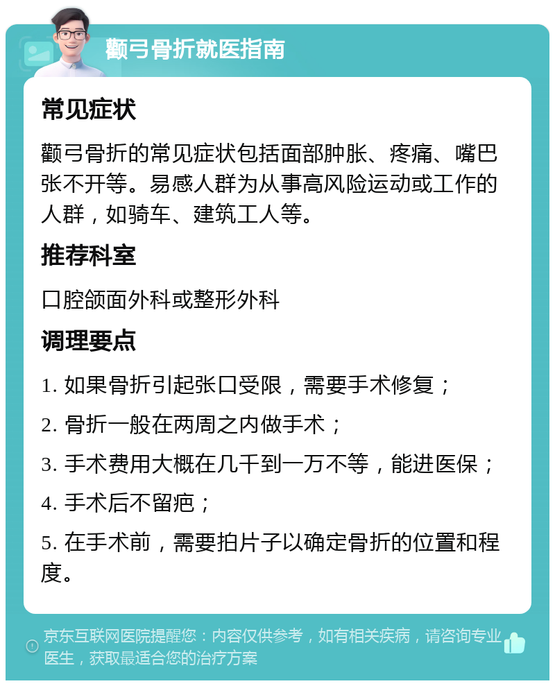 颧弓骨折就医指南 常见症状 颧弓骨折的常见症状包括面部肿胀、疼痛、嘴巴张不开等。易感人群为从事高风险运动或工作的人群，如骑车、建筑工人等。 推荐科室 口腔颌面外科或整形外科 调理要点 1. 如果骨折引起张口受限，需要手术修复； 2. 骨折一般在两周之内做手术； 3. 手术费用大概在几千到一万不等，能进医保； 4. 手术后不留疤； 5. 在手术前，需要拍片子以确定骨折的位置和程度。