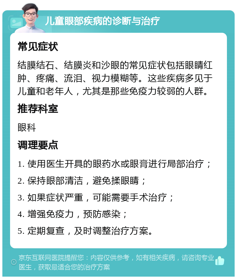 儿童眼部疾病的诊断与治疗 常见症状 结膜结石、结膜炎和沙眼的常见症状包括眼睛红肿、疼痛、流泪、视力模糊等。这些疾病多见于儿童和老年人，尤其是那些免疫力较弱的人群。 推荐科室 眼科 调理要点 1. 使用医生开具的眼药水或眼膏进行局部治疗； 2. 保持眼部清洁，避免揉眼睛； 3. 如果症状严重，可能需要手术治疗； 4. 增强免疫力，预防感染； 5. 定期复查，及时调整治疗方案。