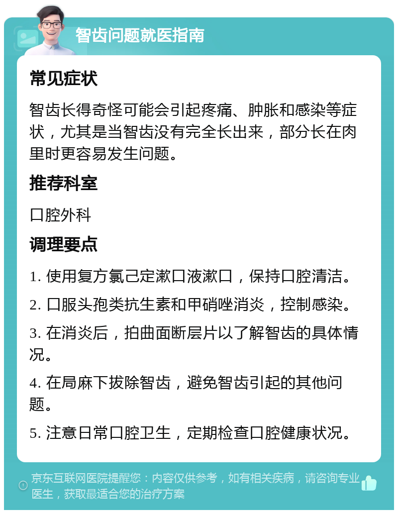 智齿问题就医指南 常见症状 智齿长得奇怪可能会引起疼痛、肿胀和感染等症状，尤其是当智齿没有完全长出来，部分长在肉里时更容易发生问题。 推荐科室 口腔外科 调理要点 1. 使用复方氯己定漱口液漱口，保持口腔清洁。 2. 口服头孢类抗生素和甲硝唑消炎，控制感染。 3. 在消炎后，拍曲面断层片以了解智齿的具体情况。 4. 在局麻下拔除智齿，避免智齿引起的其他问题。 5. 注意日常口腔卫生，定期检查口腔健康状况。