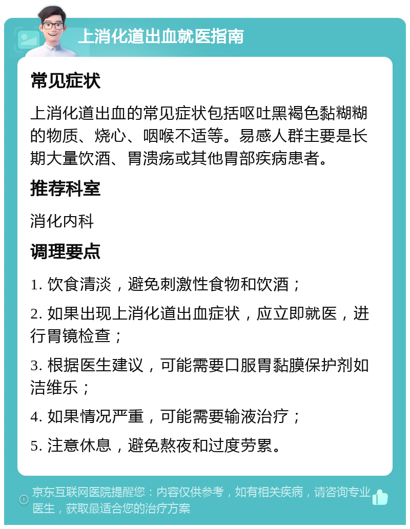 上消化道出血就医指南 常见症状 上消化道出血的常见症状包括呕吐黑褐色黏糊糊的物质、烧心、咽喉不适等。易感人群主要是长期大量饮酒、胃溃疡或其他胃部疾病患者。 推荐科室 消化内科 调理要点 1. 饮食清淡，避免刺激性食物和饮酒； 2. 如果出现上消化道出血症状，应立即就医，进行胃镜检查； 3. 根据医生建议，可能需要口服胃黏膜保护剂如洁维乐； 4. 如果情况严重，可能需要输液治疗； 5. 注意休息，避免熬夜和过度劳累。