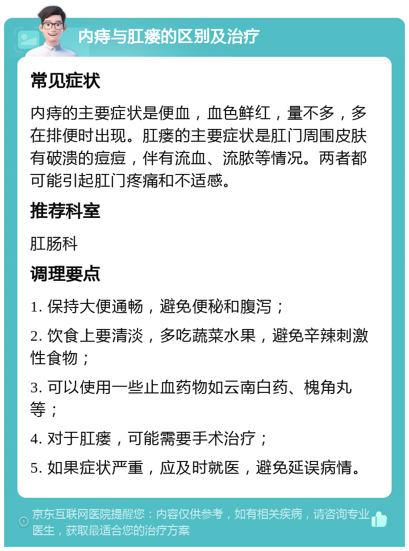 内痔与肛瘘的区别及治疗 常见症状 内痔的主要症状是便血，血色鲜红，量不多，多在排便时出现。肛瘘的主要症状是肛门周围皮肤有破溃的痘痘，伴有流血、流脓等情况。两者都可能引起肛门疼痛和不适感。 推荐科室 肛肠科 调理要点 1. 保持大便通畅，避免便秘和腹泻； 2. 饮食上要清淡，多吃蔬菜水果，避免辛辣刺激性食物； 3. 可以使用一些止血药物如云南白药、槐角丸等； 4. 对于肛瘘，可能需要手术治疗； 5. 如果症状严重，应及时就医，避免延误病情。