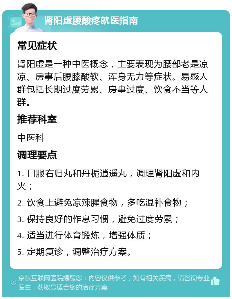 肾阳虚腰酸疼就医指南 常见症状 肾阳虚是一种中医概念，主要表现为腰部老是凉凉、房事后腰膝酸软、浑身无力等症状。易感人群包括长期过度劳累、房事过度、饮食不当等人群。 推荐科室 中医科 调理要点 1. 口服右归丸和丹栀逍遥丸，调理肾阳虚和内火； 2. 饮食上避免凉辣腥食物，多吃温补食物； 3. 保持良好的作息习惯，避免过度劳累； 4. 适当进行体育锻炼，增强体质； 5. 定期复诊，调整治疗方案。