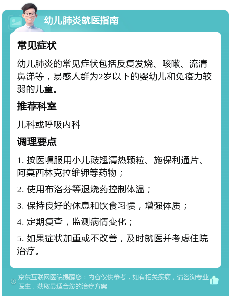 幼儿肺炎就医指南 常见症状 幼儿肺炎的常见症状包括反复发烧、咳嗽、流清鼻涕等，易感人群为2岁以下的婴幼儿和免疫力较弱的儿童。 推荐科室 儿科或呼吸内科 调理要点 1. 按医嘱服用小儿豉翘清热颗粒、施保利通片、阿莫西林克拉维钾等药物； 2. 使用布洛芬等退烧药控制体温； 3. 保持良好的休息和饮食习惯，增强体质； 4. 定期复查，监测病情变化； 5. 如果症状加重或不改善，及时就医并考虑住院治疗。