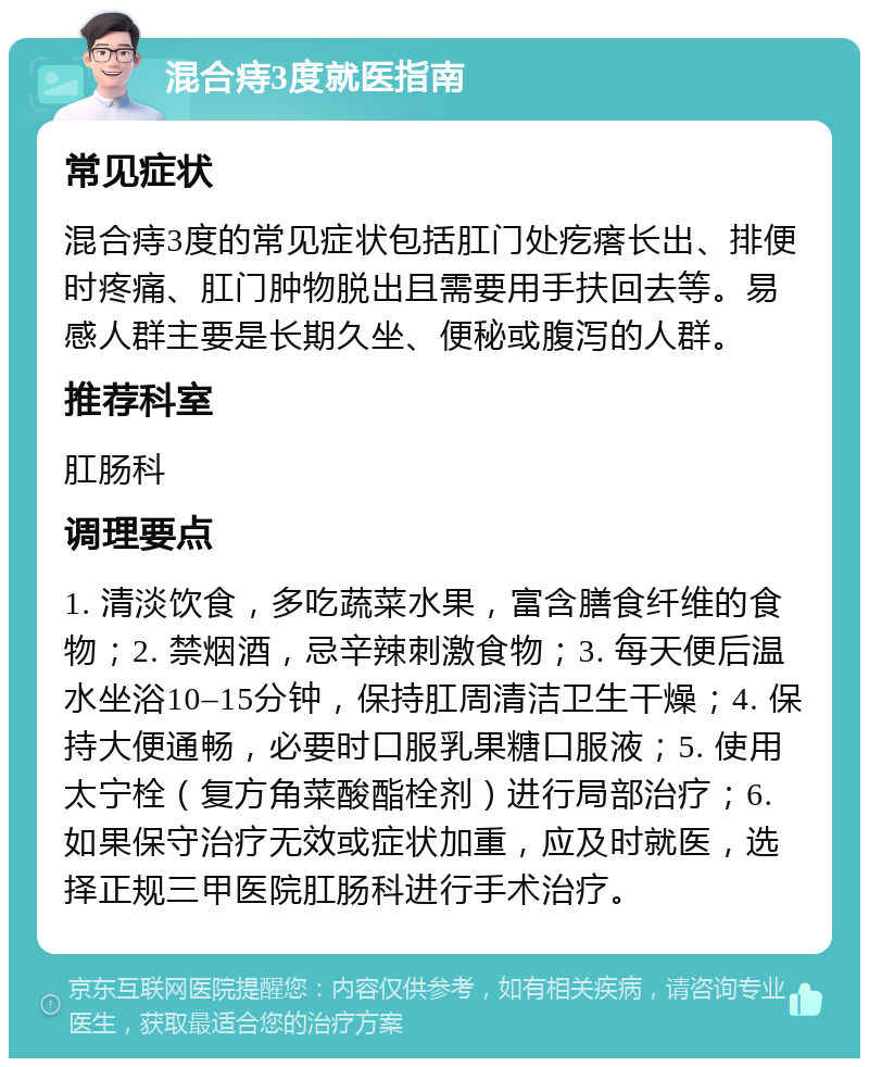 混合痔3度就医指南 常见症状 混合痔3度的常见症状包括肛门处疙瘩长出、排便时疼痛、肛门肿物脱出且需要用手扶回去等。易感人群主要是长期久坐、便秘或腹泻的人群。 推荐科室 肛肠科 调理要点 1. 清淡饮食，多吃蔬菜水果，富含膳食纤维的食物；2. 禁烟酒，忌辛辣刺激食物；3. 每天便后温水坐浴10–15分钟，保持肛周清洁卫生干燥；4. 保持大便通畅，必要时口服乳果糖口服液；5. 使用太宁栓（复方角菜酸酯栓剂）进行局部治疗；6. 如果保守治疗无效或症状加重，应及时就医，选择正规三甲医院肛肠科进行手术治疗。