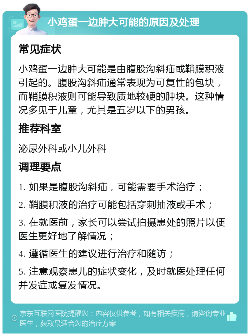 小鸡蛋一边肿大可能的原因及处理 常见症状 小鸡蛋一边肿大可能是由腹股沟斜疝或鞘膜积液引起的。腹股沟斜疝通常表现为可复性的包块，而鞘膜积液则可能导致质地较硬的肿块。这种情况多见于儿童，尤其是五岁以下的男孩。 推荐科室 泌尿外科或小儿外科 调理要点 1. 如果是腹股沟斜疝，可能需要手术治疗； 2. 鞘膜积液的治疗可能包括穿刺抽液或手术； 3. 在就医前，家长可以尝试拍摄患处的照片以便医生更好地了解情况； 4. 遵循医生的建议进行治疗和随访； 5. 注意观察患儿的症状变化，及时就医处理任何并发症或复发情况。