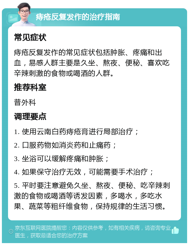 痔疮反复发作的治疗指南 常见症状 痔疮反复发作的常见症状包括肿胀、疼痛和出血，易感人群主要是久坐、熬夜、便秘、喜欢吃辛辣刺激的食物或喝酒的人群。 推荐科室 普外科 调理要点 1. 使用云南白药痔疮膏进行局部治疗； 2. 口服药物如消炎药和止痛药； 3. 坐浴可以缓解疼痛和肿胀； 4. 如果保守治疗无效，可能需要手术治疗； 5. 平时要注意避免久坐、熬夜、便秘、吃辛辣刺激的食物或喝酒等诱发因素，多喝水，多吃水果、蔬菜等粗纤维食物，保持规律的生活习惯。