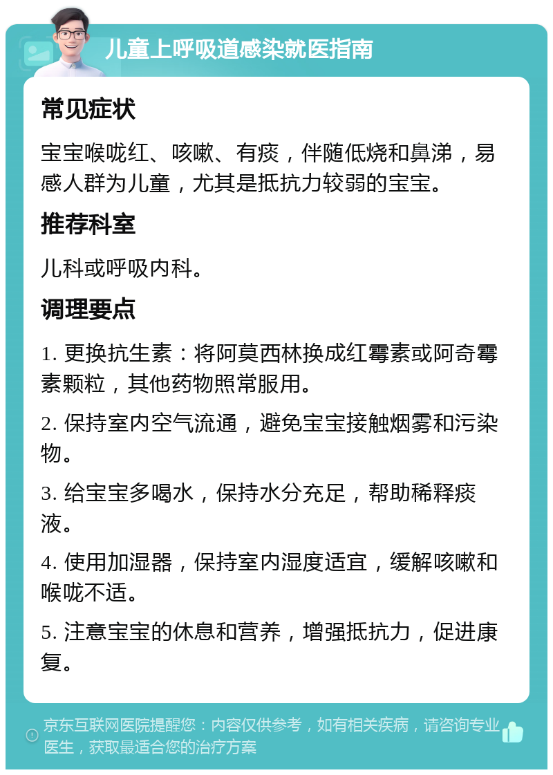 儿童上呼吸道感染就医指南 常见症状 宝宝喉咙红、咳嗽、有痰，伴随低烧和鼻涕，易感人群为儿童，尤其是抵抗力较弱的宝宝。 推荐科室 儿科或呼吸内科。 调理要点 1. 更换抗生素：将阿莫西林换成红霉素或阿奇霉素颗粒，其他药物照常服用。 2. 保持室内空气流通，避免宝宝接触烟雾和污染物。 3. 给宝宝多喝水，保持水分充足，帮助稀释痰液。 4. 使用加湿器，保持室内湿度适宜，缓解咳嗽和喉咙不适。 5. 注意宝宝的休息和营养，增强抵抗力，促进康复。