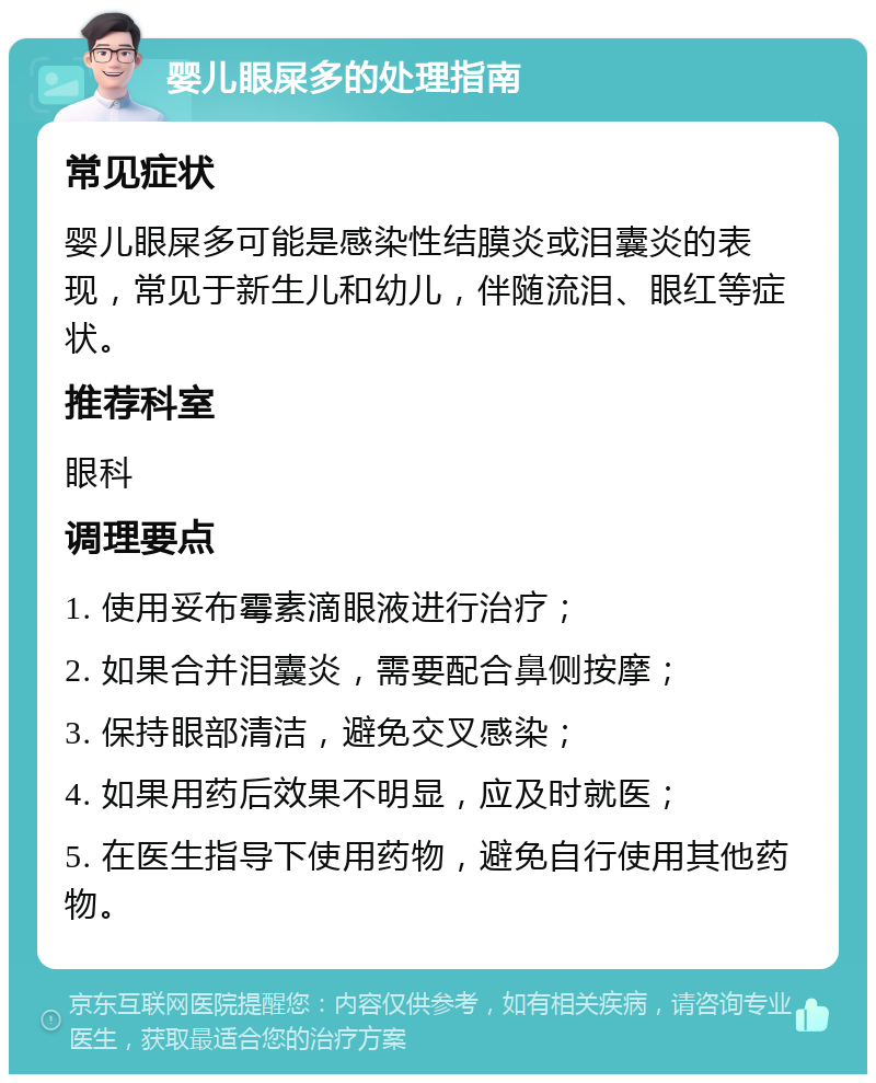 婴儿眼屎多的处理指南 常见症状 婴儿眼屎多可能是感染性结膜炎或泪囊炎的表现，常见于新生儿和幼儿，伴随流泪、眼红等症状。 推荐科室 眼科 调理要点 1. 使用妥布霉素滴眼液进行治疗； 2. 如果合并泪囊炎，需要配合鼻侧按摩； 3. 保持眼部清洁，避免交叉感染； 4. 如果用药后效果不明显，应及时就医； 5. 在医生指导下使用药物，避免自行使用其他药物。