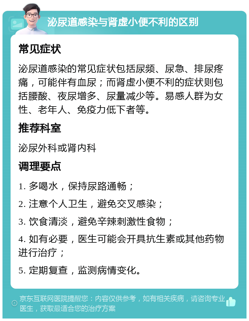 泌尿道感染与肾虚小便不利的区别 常见症状 泌尿道感染的常见症状包括尿频、尿急、排尿疼痛，可能伴有血尿；而肾虚小便不利的症状则包括腰酸、夜尿增多、尿量减少等。易感人群为女性、老年人、免疫力低下者等。 推荐科室 泌尿外科或肾内科 调理要点 1. 多喝水，保持尿路通畅； 2. 注意个人卫生，避免交叉感染； 3. 饮食清淡，避免辛辣刺激性食物； 4. 如有必要，医生可能会开具抗生素或其他药物进行治疗； 5. 定期复查，监测病情变化。