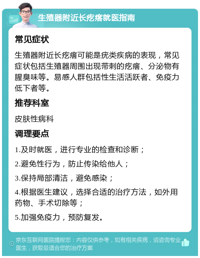 生殖器附近长疙瘩就医指南 常见症状 生殖器附近长疙瘩可能是疣类疾病的表现，常见症状包括生殖器周围出现带刺的疙瘩、分泌物有腥臭味等。易感人群包括性生活活跃者、免疫力低下者等。 推荐科室 皮肤性病科 调理要点 1.及时就医，进行专业的检查和诊断； 2.避免性行为，防止传染给他人； 3.保持局部清洁，避免感染； 4.根据医生建议，选择合适的治疗方法，如外用药物、手术切除等； 5.加强免疫力，预防复发。