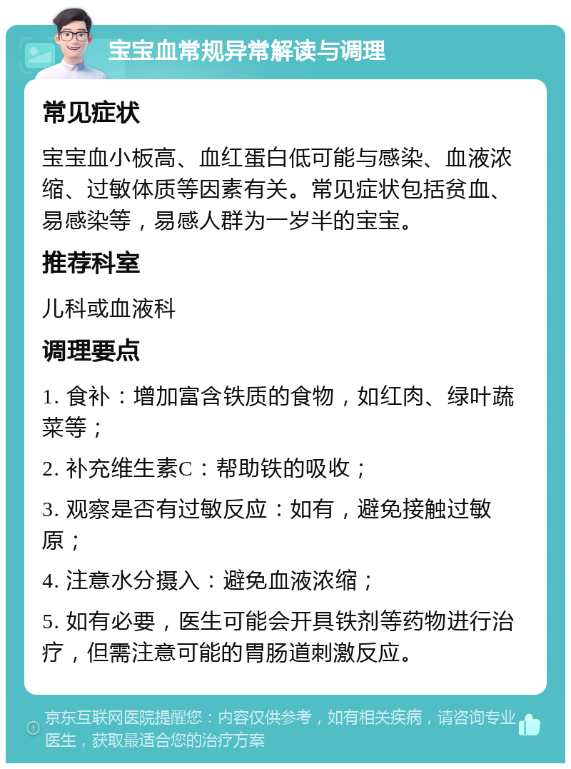 宝宝血常规异常解读与调理 常见症状 宝宝血小板高、血红蛋白低可能与感染、血液浓缩、过敏体质等因素有关。常见症状包括贫血、易感染等，易感人群为一岁半的宝宝。 推荐科室 儿科或血液科 调理要点 1. 食补：增加富含铁质的食物，如红肉、绿叶蔬菜等； 2. 补充维生素C：帮助铁的吸收； 3. 观察是否有过敏反应：如有，避免接触过敏原； 4. 注意水分摄入：避免血液浓缩； 5. 如有必要，医生可能会开具铁剂等药物进行治疗，但需注意可能的胃肠道刺激反应。