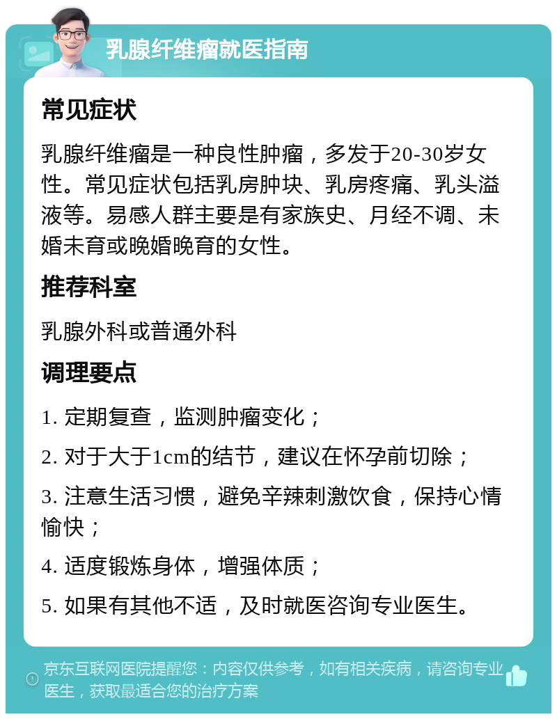 乳腺纤维瘤就医指南 常见症状 乳腺纤维瘤是一种良性肿瘤，多发于20-30岁女性。常见症状包括乳房肿块、乳房疼痛、乳头溢液等。易感人群主要是有家族史、月经不调、未婚未育或晚婚晚育的女性。 推荐科室 乳腺外科或普通外科 调理要点 1. 定期复查，监测肿瘤变化； 2. 对于大于1cm的结节，建议在怀孕前切除； 3. 注意生活习惯，避免辛辣刺激饮食，保持心情愉快； 4. 适度锻炼身体，增强体质； 5. 如果有其他不适，及时就医咨询专业医生。