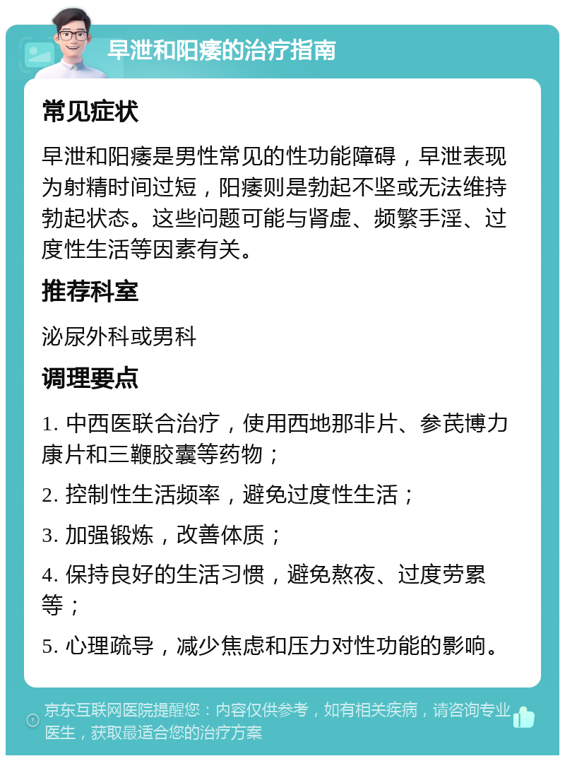 早泄和阳痿的治疗指南 常见症状 早泄和阳痿是男性常见的性功能障碍，早泄表现为射精时间过短，阳痿则是勃起不坚或无法维持勃起状态。这些问题可能与肾虚、频繁手淫、过度性生活等因素有关。 推荐科室 泌尿外科或男科 调理要点 1. 中西医联合治疗，使用西地那非片、参芪博力康片和三鞭胶囊等药物； 2. 控制性生活频率，避免过度性生活； 3. 加强锻炼，改善体质； 4. 保持良好的生活习惯，避免熬夜、过度劳累等； 5. 心理疏导，减少焦虑和压力对性功能的影响。