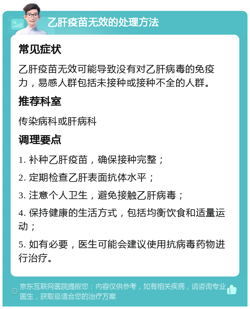 乙肝疫苗无效的处理方法 常见症状 乙肝疫苗无效可能导致没有对乙肝病毒的免疫力，易感人群包括未接种或接种不全的人群。 推荐科室 传染病科或肝病科 调理要点 1. 补种乙肝疫苗，确保接种完整； 2. 定期检查乙肝表面抗体水平； 3. 注意个人卫生，避免接触乙肝病毒； 4. 保持健康的生活方式，包括均衡饮食和适量运动； 5. 如有必要，医生可能会建议使用抗病毒药物进行治疗。