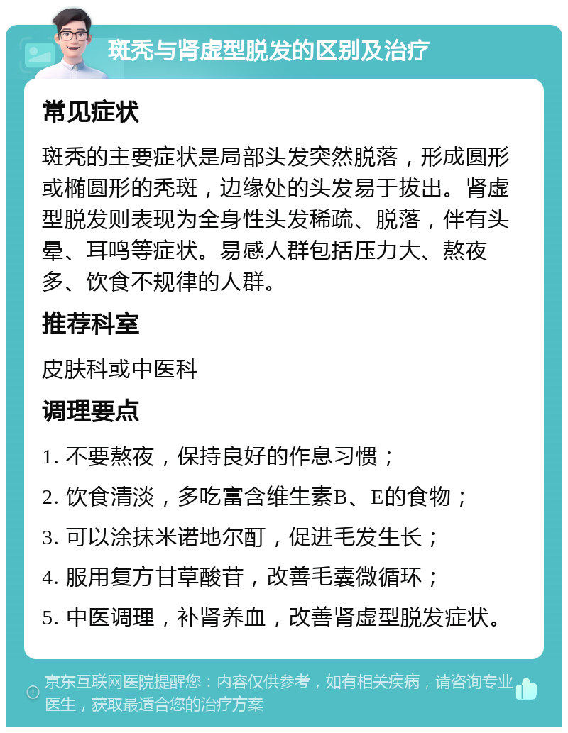 斑秃与肾虚型脱发的区别及治疗 常见症状 斑秃的主要症状是局部头发突然脱落，形成圆形或椭圆形的秃斑，边缘处的头发易于拔出。肾虚型脱发则表现为全身性头发稀疏、脱落，伴有头晕、耳鸣等症状。易感人群包括压力大、熬夜多、饮食不规律的人群。 推荐科室 皮肤科或中医科 调理要点 1. 不要熬夜，保持良好的作息习惯； 2. 饮食清淡，多吃富含维生素B、E的食物； 3. 可以涂抹米诺地尔酊，促进毛发生长； 4. 服用复方甘草酸苷，改善毛囊微循环； 5. 中医调理，补肾养血，改善肾虚型脱发症状。