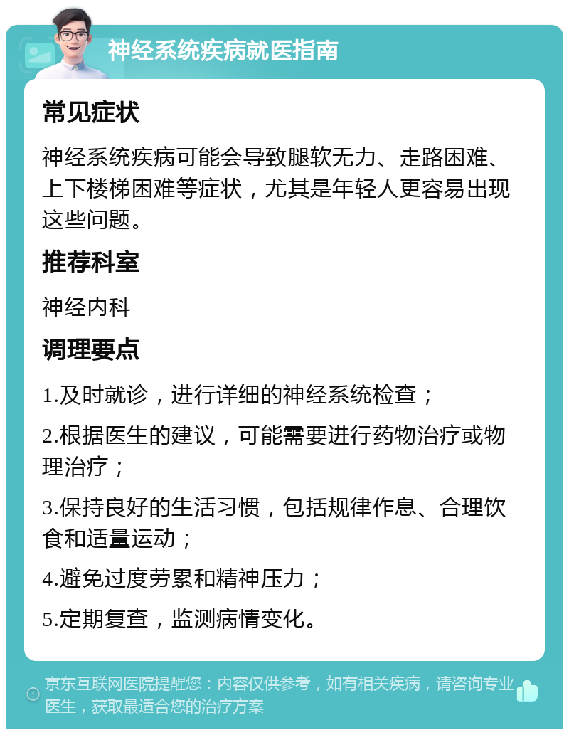 神经系统疾病就医指南 常见症状 神经系统疾病可能会导致腿软无力、走路困难、上下楼梯困难等症状，尤其是年轻人更容易出现这些问题。 推荐科室 神经内科 调理要点 1.及时就诊，进行详细的神经系统检查； 2.根据医生的建议，可能需要进行药物治疗或物理治疗； 3.保持良好的生活习惯，包括规律作息、合理饮食和适量运动； 4.避免过度劳累和精神压力； 5.定期复查，监测病情变化。