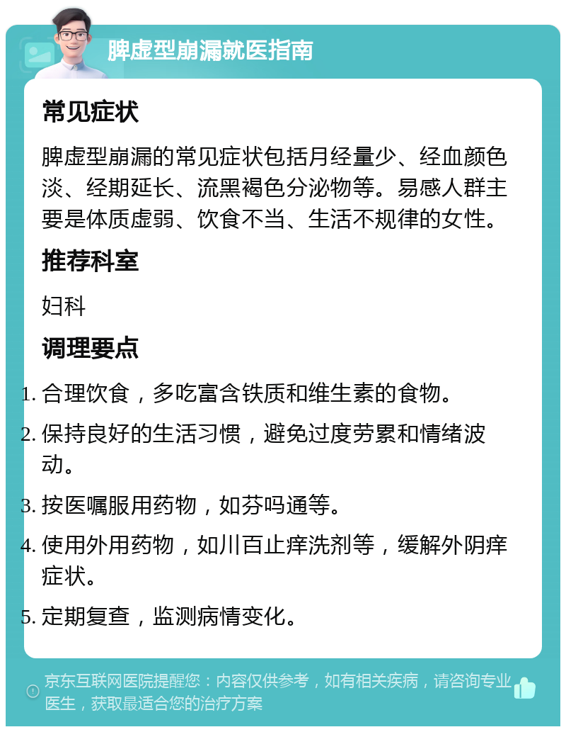 脾虚型崩漏就医指南 常见症状 脾虚型崩漏的常见症状包括月经量少、经血颜色淡、经期延长、流黑褐色分泌物等。易感人群主要是体质虚弱、饮食不当、生活不规律的女性。 推荐科室 妇科 调理要点 合理饮食，多吃富含铁质和维生素的食物。 保持良好的生活习惯，避免过度劳累和情绪波动。 按医嘱服用药物，如芬吗通等。 使用外用药物，如川百止痒洗剂等，缓解外阴痒症状。 定期复查，监测病情变化。