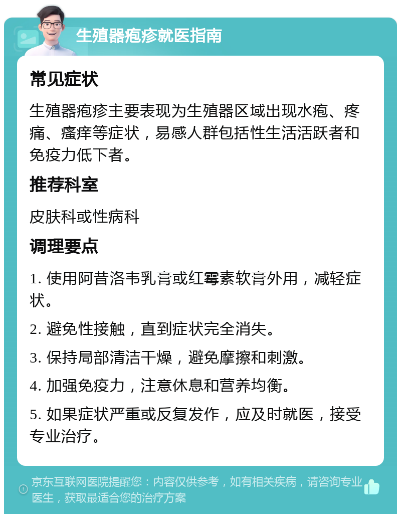 生殖器疱疹就医指南 常见症状 生殖器疱疹主要表现为生殖器区域出现水疱、疼痛、瘙痒等症状，易感人群包括性生活活跃者和免疫力低下者。 推荐科室 皮肤科或性病科 调理要点 1. 使用阿昔洛韦乳膏或红霉素软膏外用，减轻症状。 2. 避免性接触，直到症状完全消失。 3. 保持局部清洁干燥，避免摩擦和刺激。 4. 加强免疫力，注意休息和营养均衡。 5. 如果症状严重或反复发作，应及时就医，接受专业治疗。