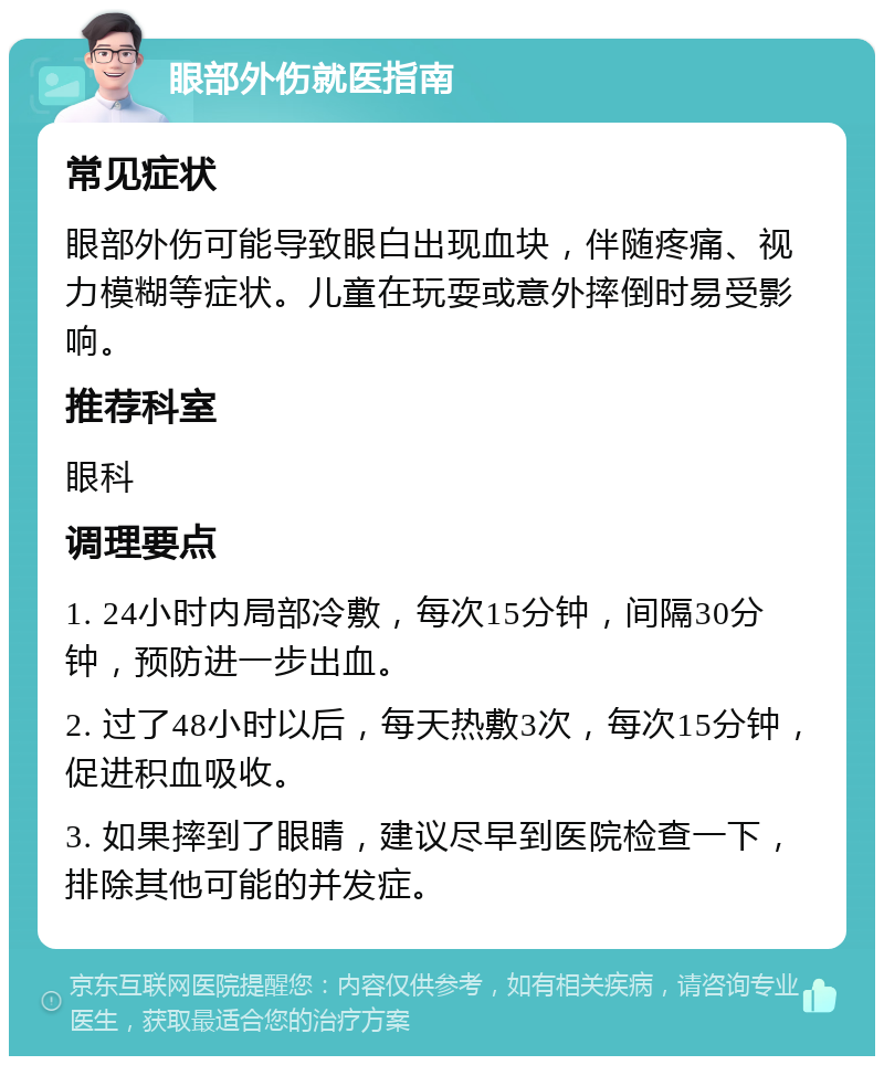 眼部外伤就医指南 常见症状 眼部外伤可能导致眼白出现血块，伴随疼痛、视力模糊等症状。儿童在玩耍或意外摔倒时易受影响。 推荐科室 眼科 调理要点 1. 24小时内局部冷敷，每次15分钟，间隔30分钟，预防进一步出血。 2. 过了48小时以后，每天热敷3次，每次15分钟，促进积血吸收。 3. 如果摔到了眼睛，建议尽早到医院检查一下，排除其他可能的并发症。