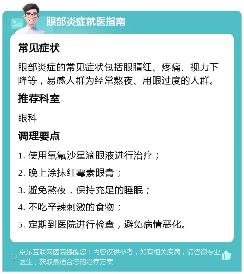 眼部炎症就医指南 常见症状 眼部炎症的常见症状包括眼睛红、疼痛、视力下降等，易感人群为经常熬夜、用眼过度的人群。 推荐科室 眼科 调理要点 1. 使用氧氟沙星滴眼液进行治疗； 2. 晚上涂抹红霉素眼膏； 3. 避免熬夜，保持充足的睡眠； 4. 不吃辛辣刺激的食物； 5. 定期到医院进行检查，避免病情恶化。