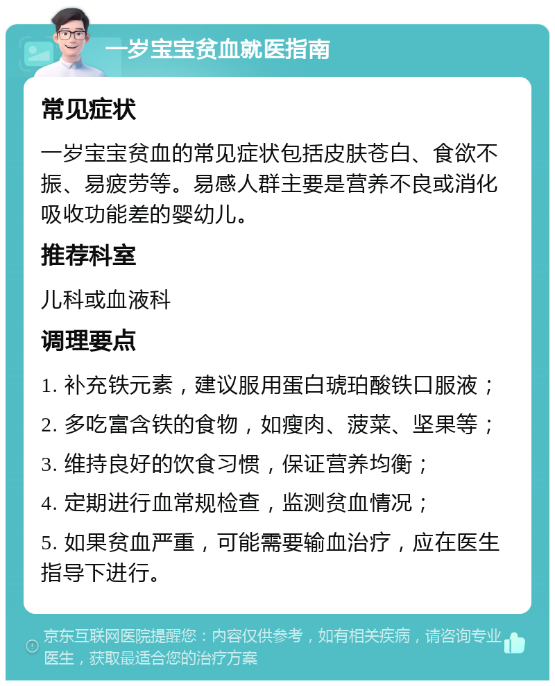 一岁宝宝贫血就医指南 常见症状 一岁宝宝贫血的常见症状包括皮肤苍白、食欲不振、易疲劳等。易感人群主要是营养不良或消化吸收功能差的婴幼儿。 推荐科室 儿科或血液科 调理要点 1. 补充铁元素，建议服用蛋白琥珀酸铁口服液； 2. 多吃富含铁的食物，如瘦肉、菠菜、坚果等； 3. 维持良好的饮食习惯，保证营养均衡； 4. 定期进行血常规检查，监测贫血情况； 5. 如果贫血严重，可能需要输血治疗，应在医生指导下进行。